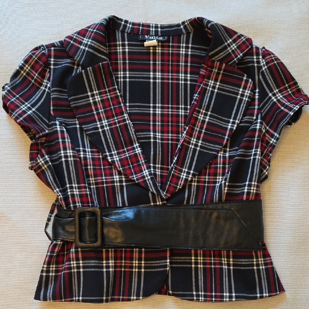 Vintage Y2K Valia Baby Doll Black Red Plaid Mini Blazer w Black Belt Ruched Sz L